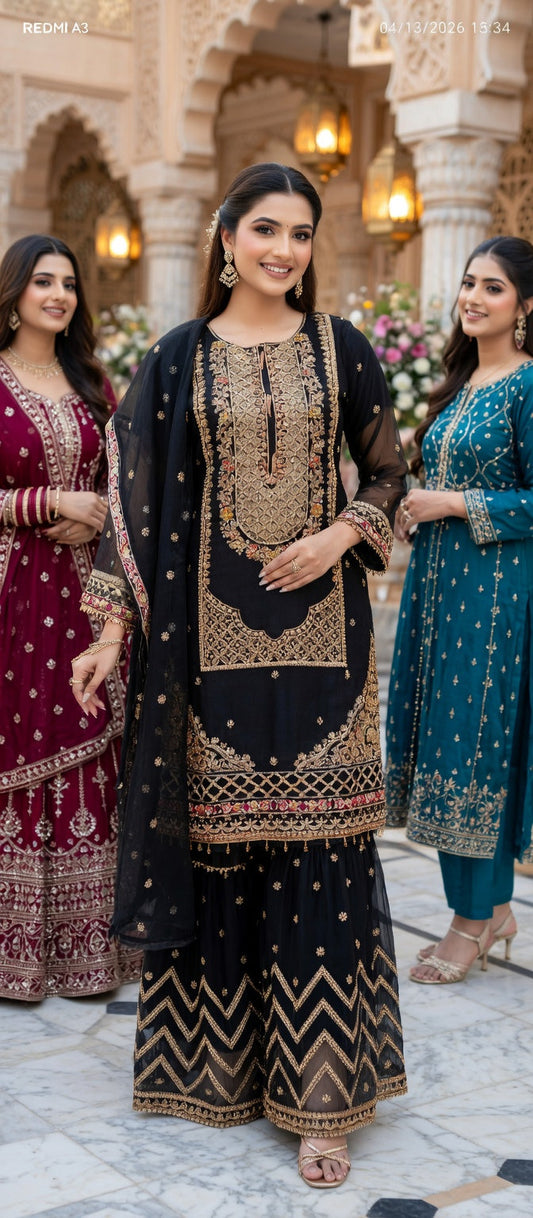 Modishly Luxury Black Embroidered Festive Sharara 3-Piece Suit. Modishly USA