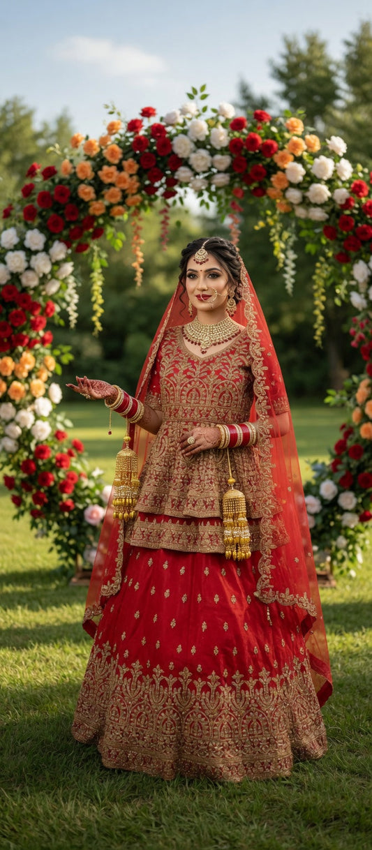 Red Peplum Bridal Lehenga with Heavy stone work and Golden Embroidery | Pakistani Indian Wedding Lehenga Choli Modishly USA