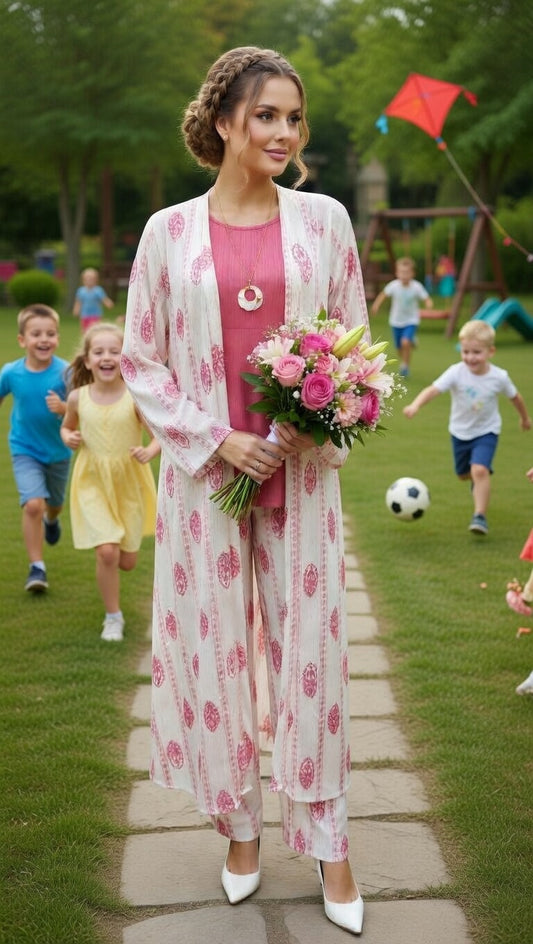 Blush Pink Jersey Fabric Printed 3-Piece Co-Ord Set with Long Shrug Modishly USA