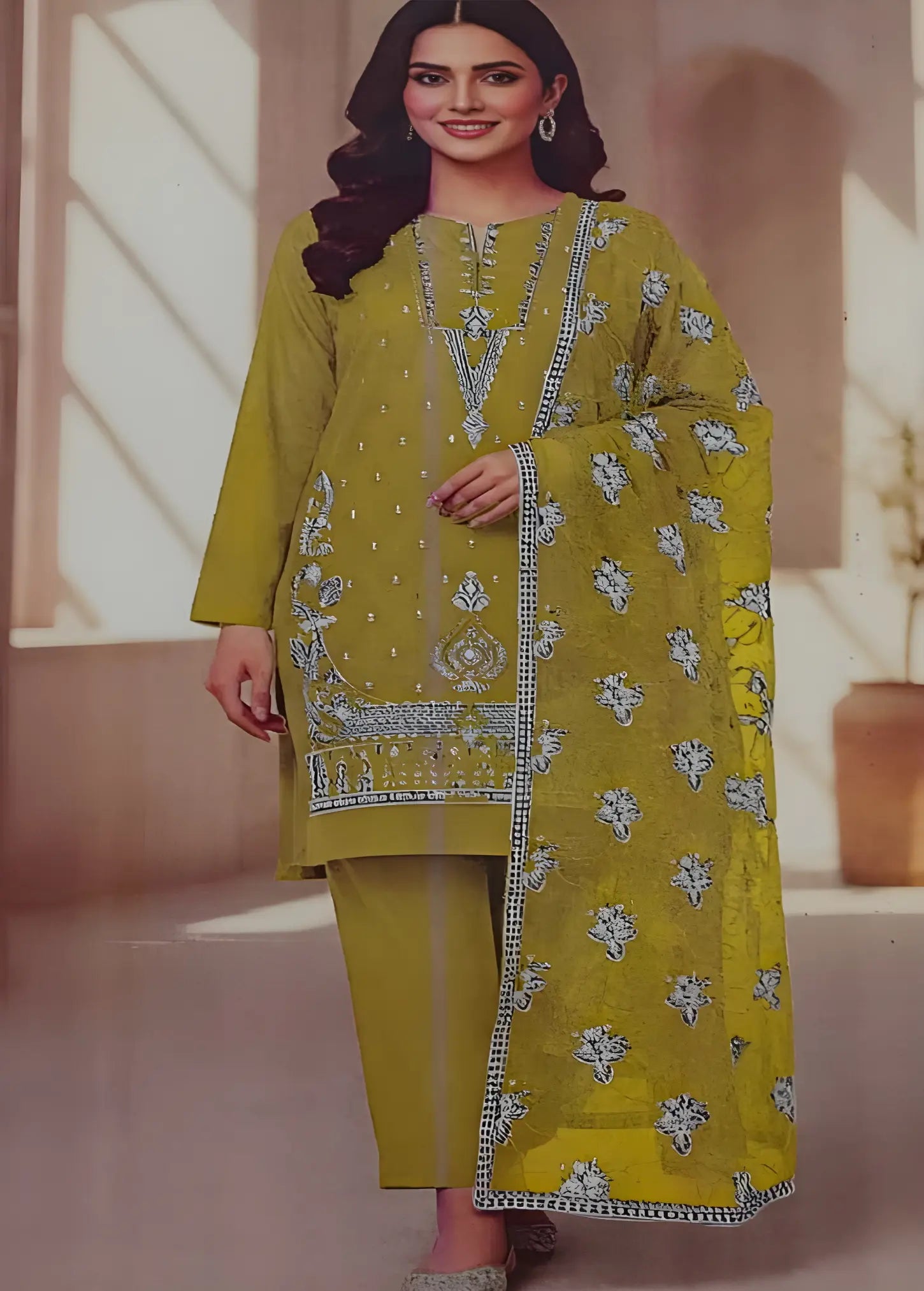 3-Piece Olive Green Embroidered Stitched Lawn Suit Modishly Outlet