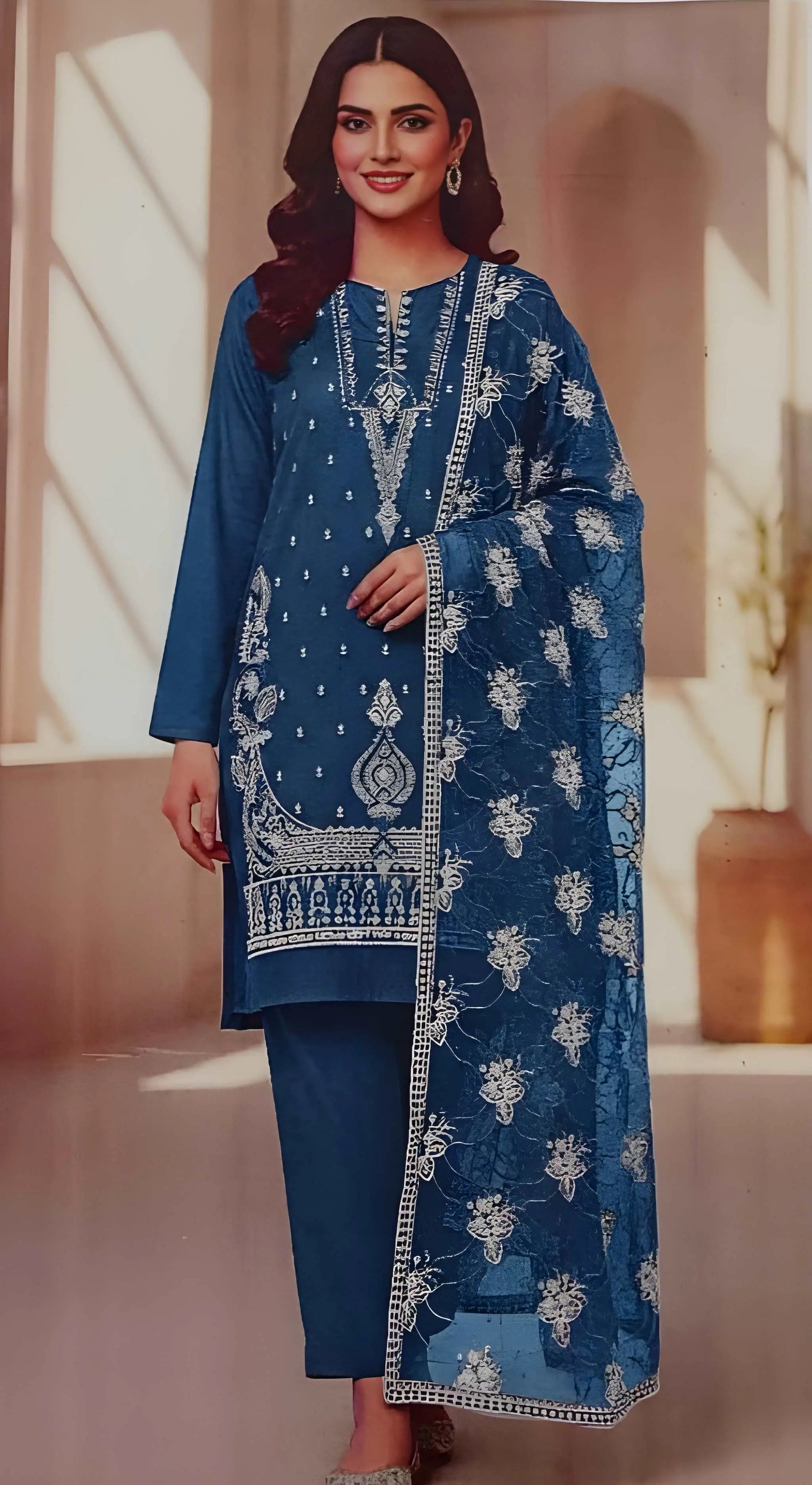 Classic Blue Embroidered Lawn Suit with Printed Dupatta Modishly Outlet