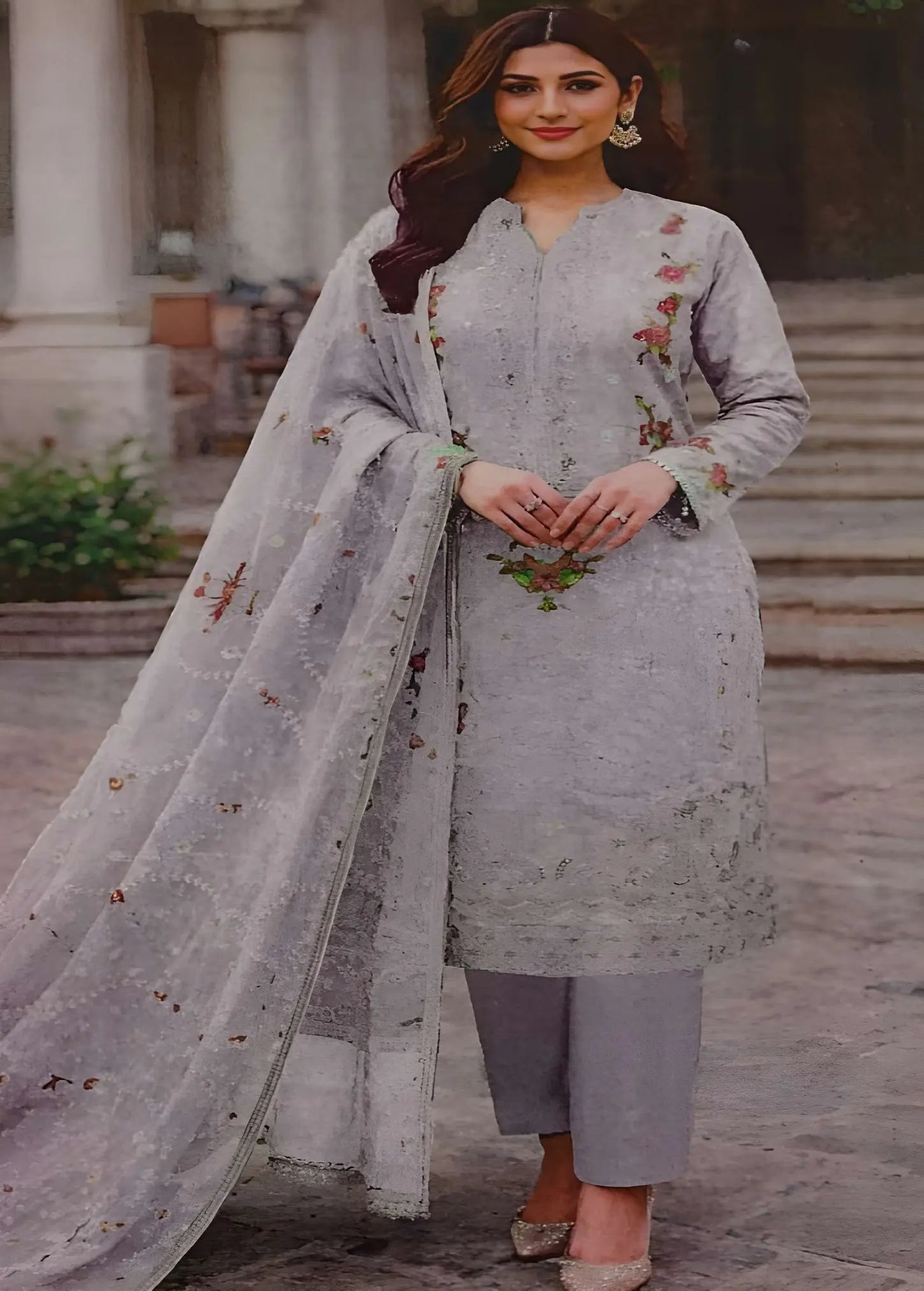 3-piece Grey Embroidered Lawn Suit with Floral Dupatta Modishly Outlet