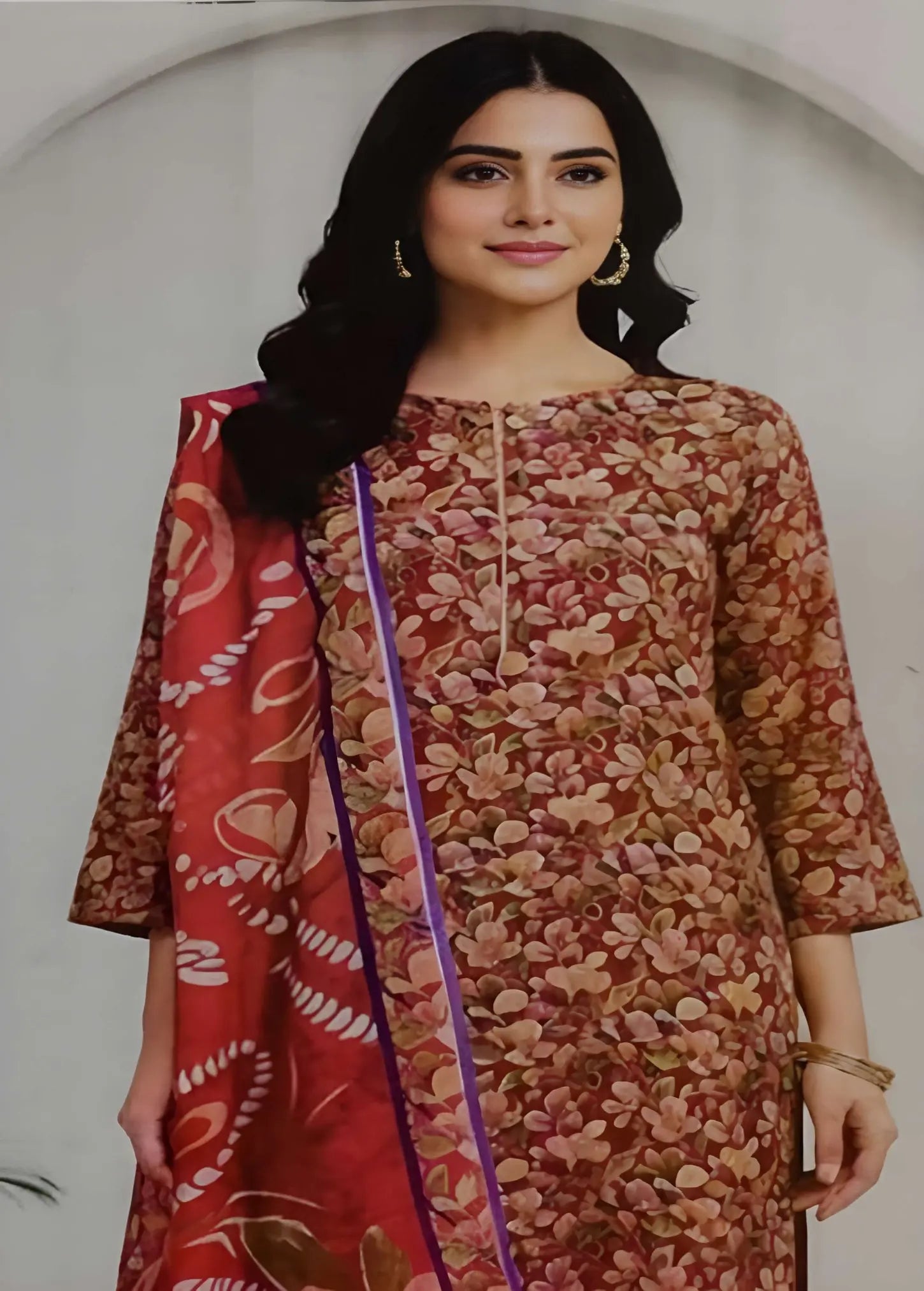 Rich Maroon Floral Printed Lawn Suit – 3 Piece Stitched Modishly Outlet