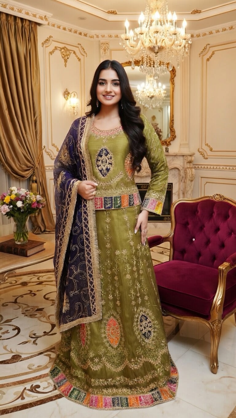 Modishly Luxe Olive green Embroidered Lehenga Choli fancy dress with beautiful Deep Purple Fancy Dupatta Modishly Outlet