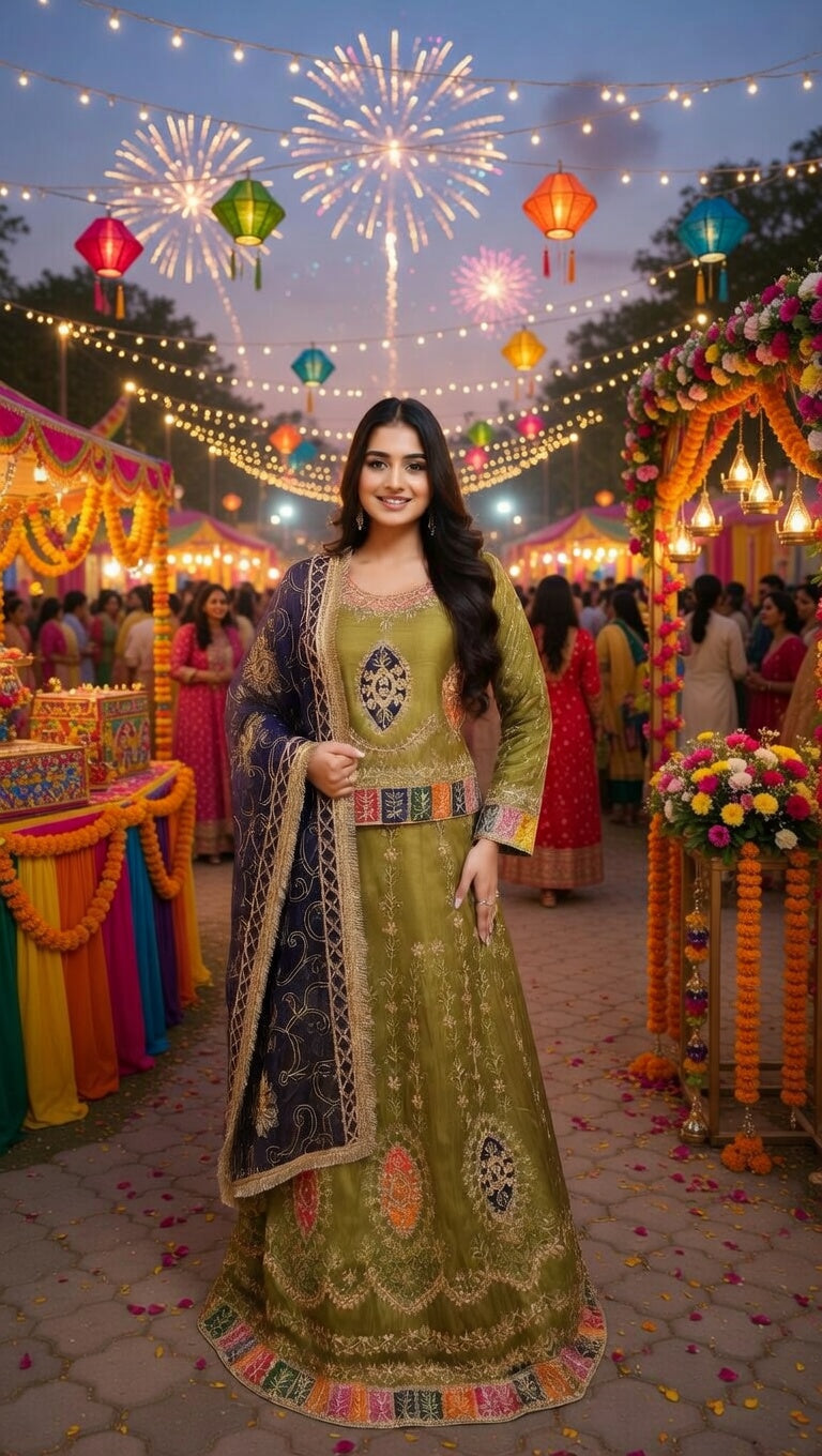 Modishly Luxe Olive green Embroidered Lehenga Choli fancy dress with beautiful Deep Purple Fancy Dupatta Modishly Outlet
